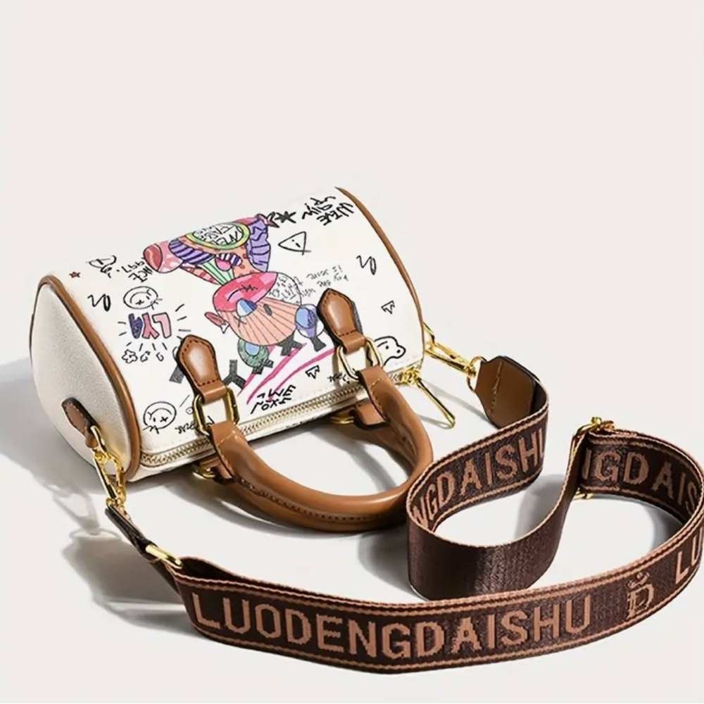 NIP Graffiti Bear Mini Barrel Bag Top Handle Crossbody White Brown Tan - Picture 6 of 7